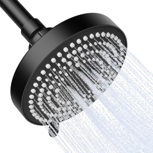 OFFO Cabezal de Ducha Lluvia de 6 Tipos de Chorro, Rociador Ducha de 13 cm de Diámetro, Alcachofa de Ducha Ajustable para Baño, Negro