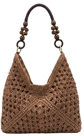 Neptuiby Borsa da spiaggia intrecciata, borsa da spiaggia in paglia naturale - a spalla intrecciata con manici con perline di legno, capacità, marrone