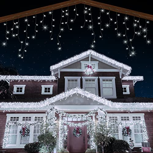 ANSIO® Outdoor Christmas Lights 1000 LED 35m/112ft Icicle Lights Outdoor & Indoor Cool White Decorations String Fairy Outside Lights with Timer for Xmas Garden & Party | Mains Powered Green Cable