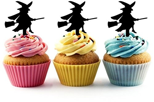 TA0440 Halloween Witch on Broomstick Silhouette Party Wedding Birthday Acrylic Cupcake Toppers Decor 10 pcs