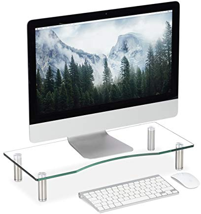 Relaxdays Bildschirmständer Glas, TV Aufsatz, Notebookständer höhenverstellbar 9 - 11 cm, B x T: 56 x 24 cm, transparent, Mittel