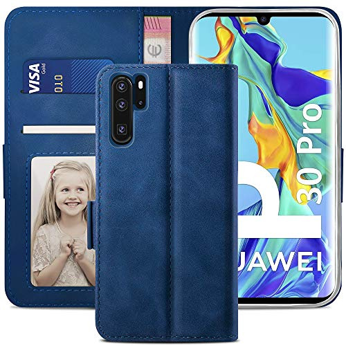 YATWIN Handyhülle für Huawei P30 Pro - Premium Leder Klapphülle mit Kartenfach, Magnet und Standfunktion - Schutzhülle Brieftasche Case, Blau