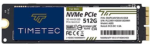 Timetec 512GB Mac SSD NVMe PCIe Gen3x4 3D NAND TLC Lectura de hasta 2000MB/s Compatible con MacBook Air (2013-2015, 2017), MacBook Pro (2013-2015), iMac (2013-2019), Mac Pro (2013), Mac Mini (2014)