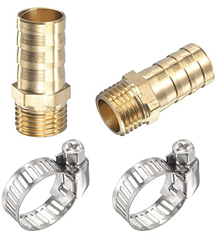 sourcing map Brass Hose Barb Fitting Straight 12mm x G1/4 Male Thread Pipe Connector with Stainless Steel Hose Clamp, Pack of 2