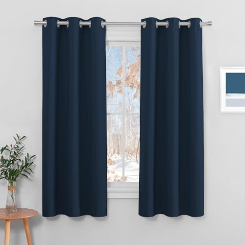 PONY DANCE Eyelet Bedroom Curtains - Navy Super Soft Blackout Sunlight Blocking Thermal Insulated Curtains & Drapes for Boy Nursery Room/Living Room, 42 x 63 Inch, 2 Panels, Navy Blue