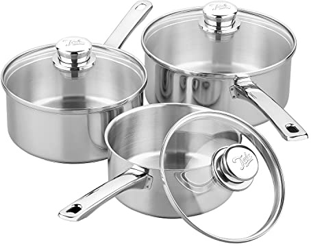 Tala Performance 3 Piece Stainless Steel Cookware Set, Saucepans with Glass lids, 16, 18 20cm. Made in Portugal, Guarantee, Suitable for All hob Types Including Induction Polished Mirror Shine Finish
