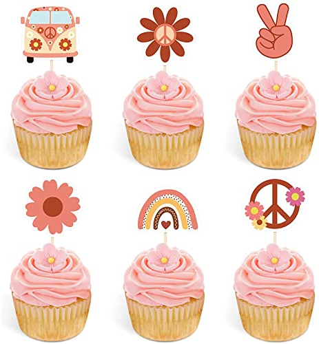 Bymivofun 24 Toppers Cupcake per Festa Hippie, Decorazioni per Feste Due Groovy, Toppers per Cupcake Amore Pace, per Festa di Compleanno Ragazza di Fiori, Articoli per Tema Boho Arcobaleno Anni '60