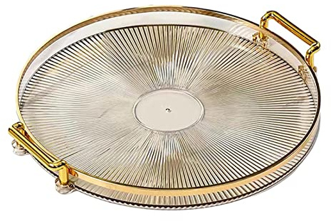 Fenteer Nordisches Serviertablett, mit Griffen, Desserttablett, kosmetisches, Make-up-Display, rundes dekoratives Tablett, für Schlafzimmer, hell Gold