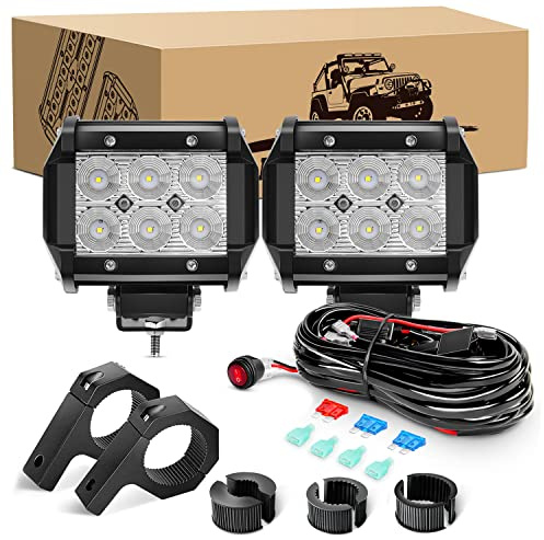 GOOACC Led Light Pods 2PCS 4 Inch 18W Flood Light Offroad Lights LED Fog Lights Mounting Bracket Horizontal Bar Tube Clamp with Off Road Wiring Harness-2 Leads for Trucks Boat, 2 Years Warranty