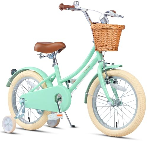 Glerc 16 Inch Kids Girls Bike for 4 5 6 7 8 Years Old Little Girls Retro Vintage Style Bicycles with Basket,Stabilisers and Bell,Color Mint Green
