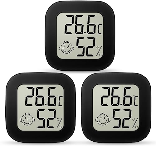 Ainiv 3 st digital hygrometertermometer för inomhusbruk, minirumstermometer med LCD-skärm och ansiktsikoner, mätare med indikator för temperatur och fuktighet för sovrum, babyrum, lager, källare, bil
