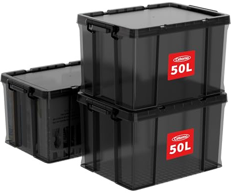 Cetomo 50L*3 Heavy-Duty Aufbewahrungsboxen, Stapelbare Kunststoffbox mit Deckeln, Robuster Behälter mit verstärkten Ecken & Einrastverschlüssen, Langlebig, Stabil, Transparent Schwarz, 50L-3er Set