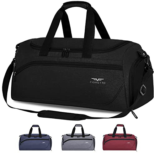 FIORETTO 35L Mens Sports Gym Bag with Wet Pocket & Shoe Compartment,Travel Duffle Overnight Bag with Padded Shoulder Strap, Water-Resistant Sports Holdall for Swimming, Basketball Black
