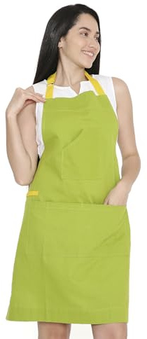 Encasa XO Kochschürze aus Baumwolle für Damen und Herren, Küchenschürze mit verstellbarem Nackenband, Tasche und Handtuchhalter, Kochen, Backen, Grillen, Kalkgrün, 68x85 cm