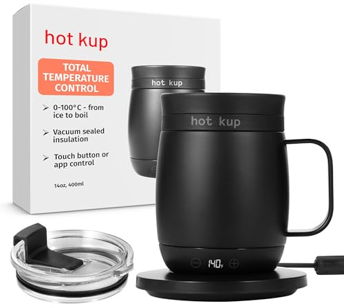 Hot Kup - Selbstheizende Smart Tasse mit optionaler Power Base, Thermotasse zum Erhitzen und Brühen von Heißgetränken, Volle Temperaturkontrolle für Kaffee, Milch und dem Abkochen von Wasser