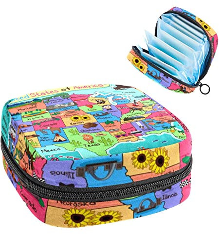 USA-Karte, Perioden-Tasche, tragbar, Tampon-Aufbewahrungstasche, Tampon-Halter für Geldbörse, femininer Produkt-Organizer, Mehrfarbig, 4.7x6.6x6.6 in/12x17x17 cm