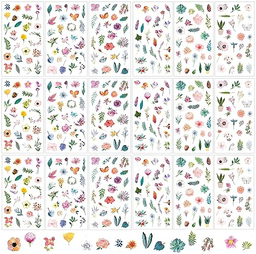 18 Blatt Sticker Blumen, Scrapbooking Aufkleber, Pflanzen Aufkleber, Unterschiedliche Muster Blätter für DIY Basteln Scrapbook Album Journals Fotoalbum