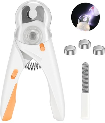 Alyvisun Hunde-Nagelknipser, Katzennagelknipser mit hoher LED-Beleuchtung, Sicherheitsschutz, Nagelfeile und transparentem Spritzschutz, für große, mittelgroße und kleine Tiere (Weiß Orange)