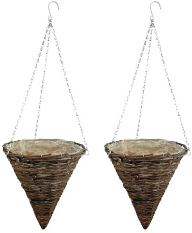 ADEPTNA Set of 2 Cone Garden Hanging Baskets 12 Inches - Natural Basket Hanging Plants Wall Flower Planter Pot with Detachable Hanging Chain for Home Garden Decoration (RATTAN BASKETS)