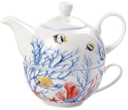 Juego de tetera y taza de tema marino de 13,6 cm de porcelana de autor Nàvel con caja de regalo, idea regalo bombonera de boda