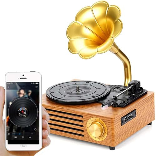 DPLWJPP Bluetooth Record Player,Vinyl Record Player,Old Style Phonograph,Antique Big Speaker Gramophone,3-Speed Turntable,Built-In Speaker And Ruby Stylus For Home Decor