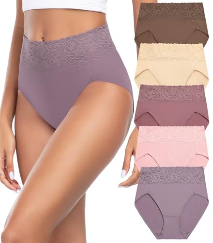 Wealurre Bragas Mujer Algodon Cintura Alta Encaje Braguita de Talle Alto Culotte Cómodo Talla Ropa Interior Pack de 5
