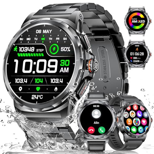LIGE Militär Smartwatch Herren(3 Armbändern),1,43 HD AMOLED Smartwatch mit Telefonfunktion,Fitnessuhr,Schwarze Uhr mit 120+ Sportmodi,Herz-/Schlaftracking,IP68 wasserdicht sportuhr für iOS/Android