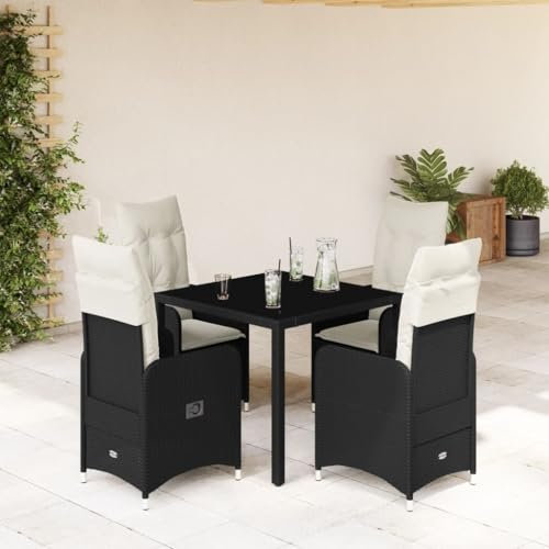 Homgoday Bistro-Set für den Garten, 5-teilig, mit Kissen aus Polyrattan, schwarz, Gartenmöbel, Tisch und Stühle für den Außenbereich, Modell 3276988