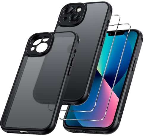 Phoona Cover per iPhone 13 6,1 con 2 Pellicola Vetro Temperato, Custodia Traslucida Opaca Posteriore Antiurto Robusta Protettiva Case, Anti-Impronte Antigraffio Custodie, Nero