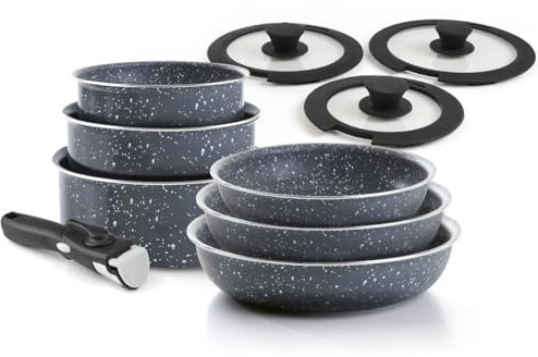 Qulinart - Batería de cocina de aluminio prensado - 3 estufas de 20, 24 y 28 cm + 3 cacerolas 16, 18 y 20 cm + 3 tapas + 1 mango extraíble - negro