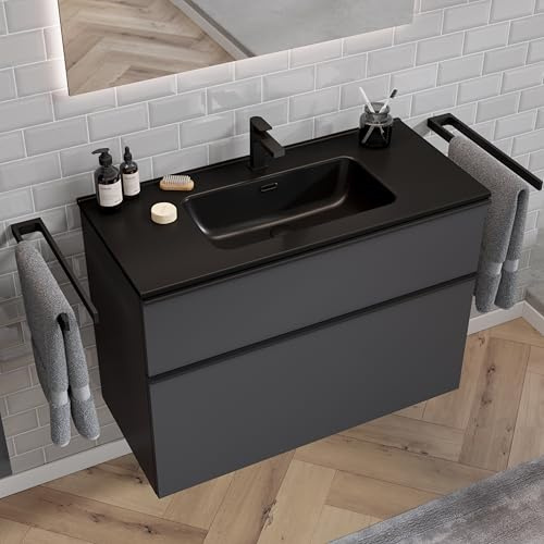 Zentrobad Griff Premium Waschbecken schwarz mit Unterschrank 100 cm anthrazit matt lackiert mit Zwei Schubladen und schwarzen Griffen, Waschtisch Badmöbel Badezimmer Schrank Badschrank