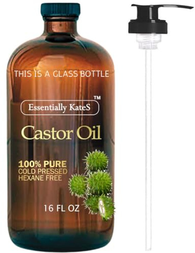 Essentially KateS Aceite de ricino de 473.2 ml (botella de vidrio) - Original sin refinar - Una botella de vidrio gigante con bomba - 100% puro y natural, prensado en frío y libre de hexano - Aceite