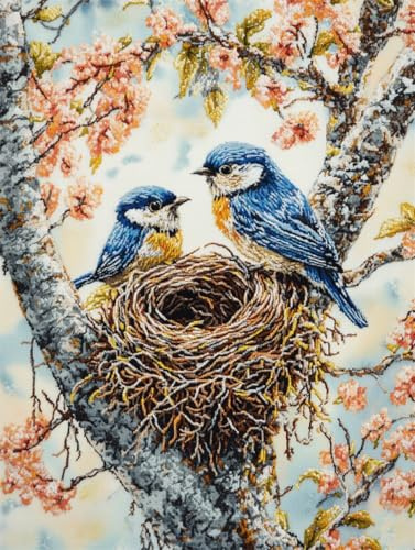 N.LANSHAN DIY Knüpfteppich Zum Selber Knüpfen Knüpfkissen-Set „Vogel Im Nest“，Fantasietiere，Knüpfteppich-Set，Stickset，Knüpfteppich Für Anfänger，Bastelsets，Dekoration 55x75cm