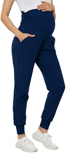 PARNIXS Women's Maternity Joggers Over Bump Stretchy Sweatpants Workout Sports Lounge Pregnancy Pants Yoga Trousers with Pockets,Blue-L