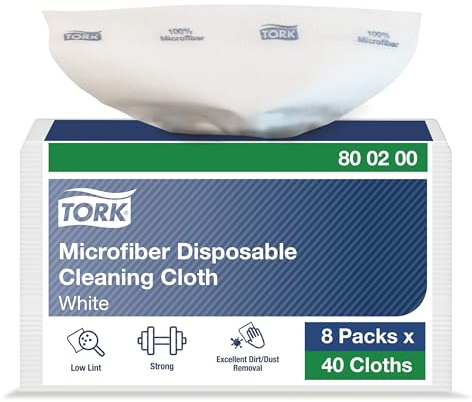 Tork Paño de limpieza de microfibra desechable blanco con estampado azul, uso seco y húmedo, 8 x 40 paños 800200