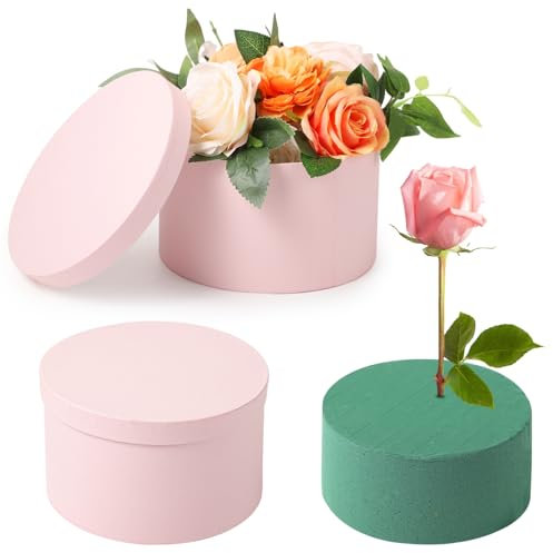 byepica Scatola rotonda in schiuma floreale con scatola di presentazione e coperchio, in schiuma per composizioni floreali, perfetta per regali per la festa della mamma, San Valentino, matrimoni