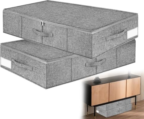 Lot de 2 boîtes de rangement sous le lit avec couvercle avec côtés et renforcement du fond, 3 poignées, boîte en tissu pliable de 12 cm de hauteur, rangement de tiroir de lit, boîte à coussins