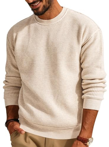 QUNERY Maglione Girocollo da Uomo Pullover Autunno Invernale Maglia Waffle Lavorato Maglioni Casual Manica Lunga Beige XL