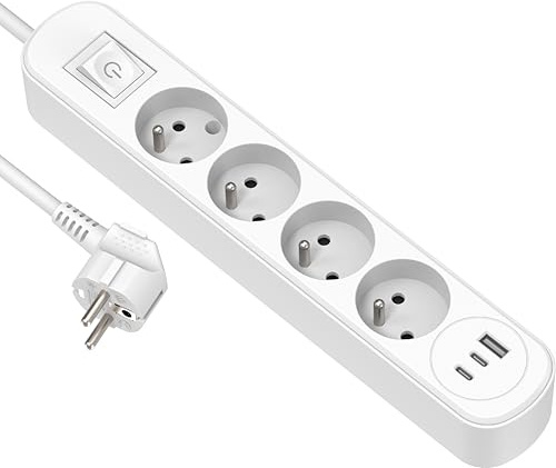 Electraline 35620 Bloc Multiprise Prima 4 Prises 16A + 3 USB (1 USB A + 2 USB C PD20W) avec Interrupteur, Câble 1.5M, Blanc