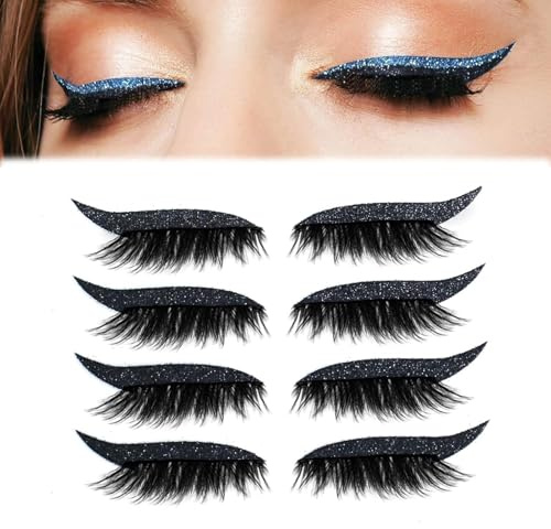 4 Paar Lazy Eyeshadow Wimpernpatch, 2-in-1 Lazy Eye Shadow Eyelash Patch, Glitzer-Lidschatten-Aufkleber Mit Wimpern, Einfach Aufzutragender Lidschatten Und Wimpern, Kein Kleber Nötig (Schwarz)