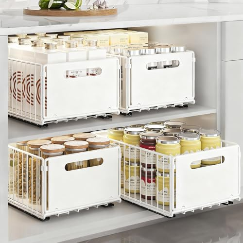 IVTUVTI faltbarer ausziehbarer Schrank-Organizer, ausziehbarer Schrank-Organizer, ausziehbare Schubladen-Regalaufbewahrung für die Organisation von Küchenschränken (White, 4 Large)