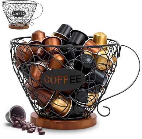 HZUIZXYO Coffee Pod Holder Organizer,Coffee Capsule Basket with Handle Large Capacity Filter Basket With Rustic Wooden Base, Black Wire for Kitchen Countertop, Bar, Station Organizer (Black)