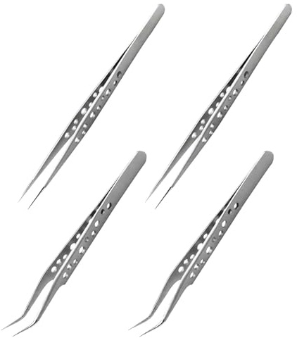 Homoyoyo Juego de 4 Pinzas de Precisión de Acero Inoxidable, Puntas Recta y Curva, para Laboratorio, Reparación Electrónica y Manualidades, Pinzas Delicadas Profesionales para Joyería