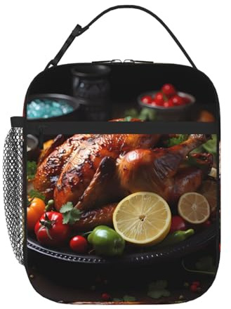 Qwvbn Borsa per il pranzo portatile con stampa di tacchino arrosto allettante, leggera e isolata, adatta sia per uomini che per donne, ideale per picnic e viaggi
