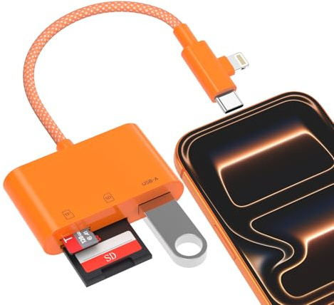 SD-Kartenleser für iPhone, iPad und Android, mit Lightning & USB-C Dual-Anschluss, 3-in-1 Speicherkarten-Adapter mit USB-OTG-Port, SD/TF gleichzeitig lesbar, Wildkamera-Viewer, Plug & Play, Orange