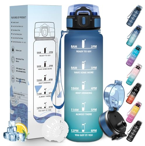 Mulbijeo Trinkflasche Sport, Auslaufsicher 1000 ML, Wasserflasche, Zeitmarkierung und Motivierende, Trinkflasche Kohlensäure Geeignet Blau & Grün