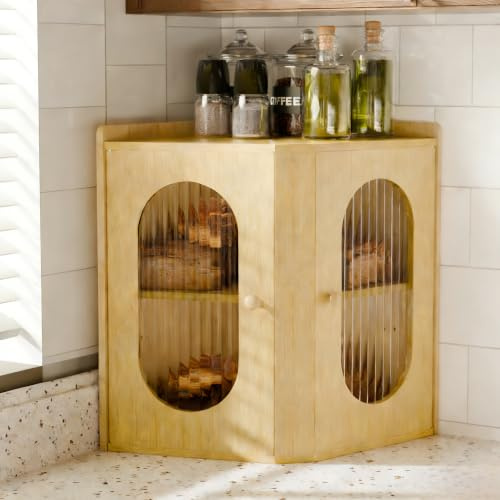 Stylstoreazy Corner Bread Bin for Kitchen,Two Tier Bamboo Bread Box,Bread Storage Containers for Kitchen Countertop with Stiped Window,Natural