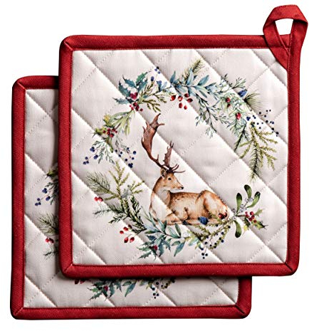 Maison d' Hermine Pot Holders Set 100% Cotton Heat Resistant Potholders 20 cm x 20 cm Hot Pads with Loop for Christmas Decorations BBQ Cooking Baking Handling Hot Pans (Pack of 2, Holly Time)