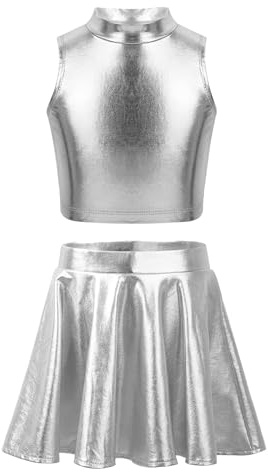 YiZYiF Enfant Fille Justaucorps de Danse Métallique Robe de Danse Ballet Gymnastique Patinage Costume Jazz Latine Pom-pom Girl Gilet et Jupe Ensemble Sport 8-14 Ans D Argent 12 ans