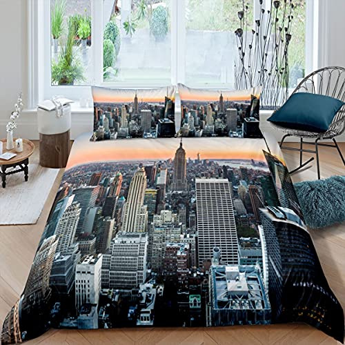 Juego de Funda Nórdica New York City Manhattan Skyline Cityscape Conjunto de ropa de cama contemporánea artística puesta del sol paisaje 3 piezas tamaño doble